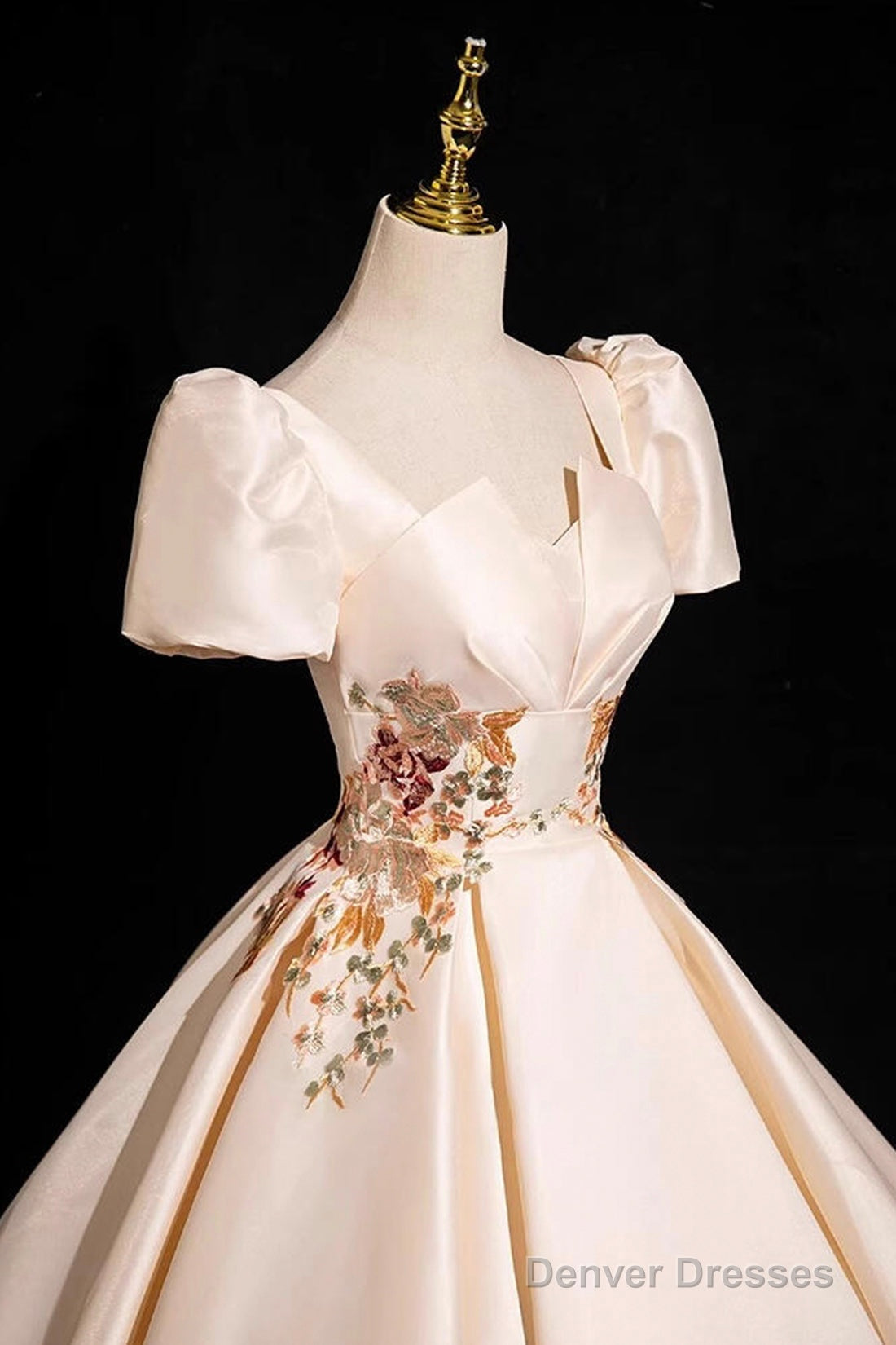 Champagne Satin Lace Long Prom Dress, Elegant A-Line Short Sleeve Party Dress Secondary image