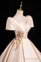 Champagne Satin Lace Long Prom Dress, Elegant A-Line Short Sleeve Party Dress