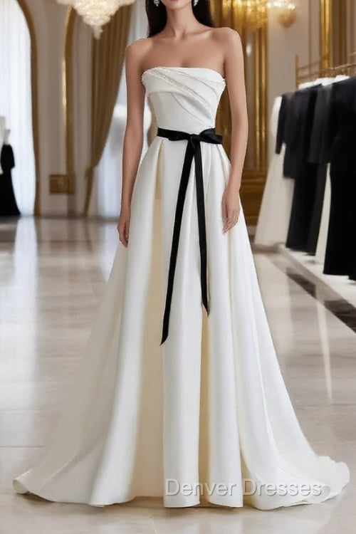 Champagne Satin Long A-Line Prom Dress, Strapless Formal Evening Dress Main image