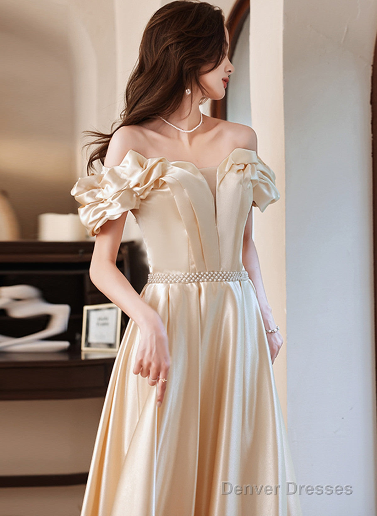 Champagne Satin Long Off Shoulder Prom Dress, A-Line Beaded Evening Dress Secondary image