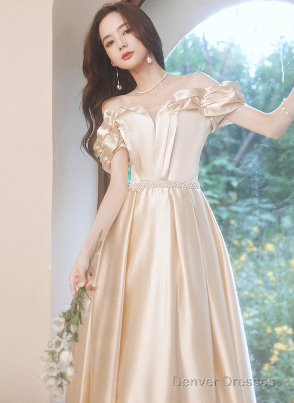 Champagne Satin Long Off Shoulder Prom Dress, A-Line Beaded Evening Dress