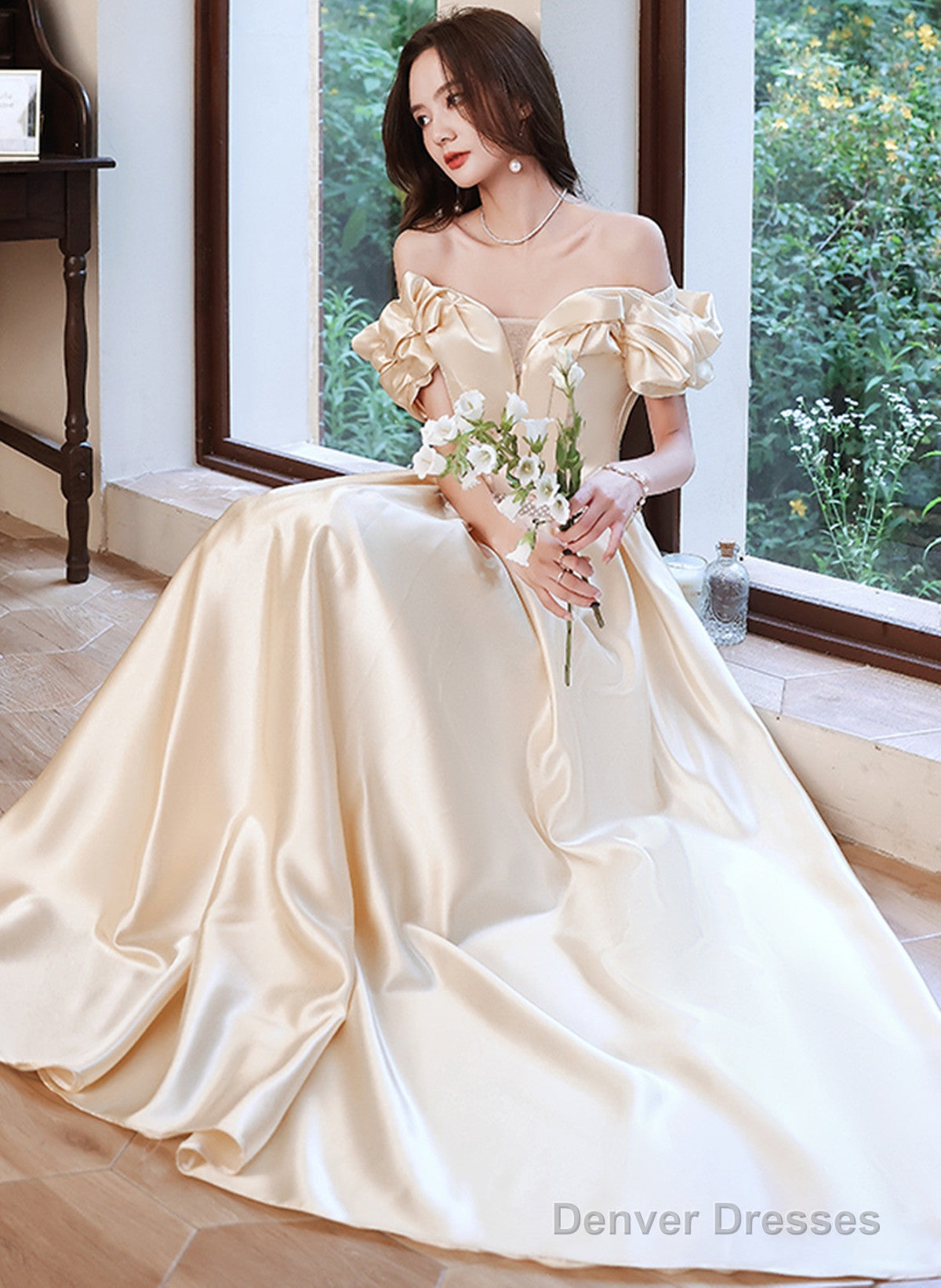 Champagne Satin Long Off Shoulder Prom Dress, A-Line Beaded Evening Dress