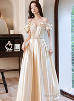 Champagne Satin Long Off Shoulder Prom Dress, A-Line Beaded Evening Dress