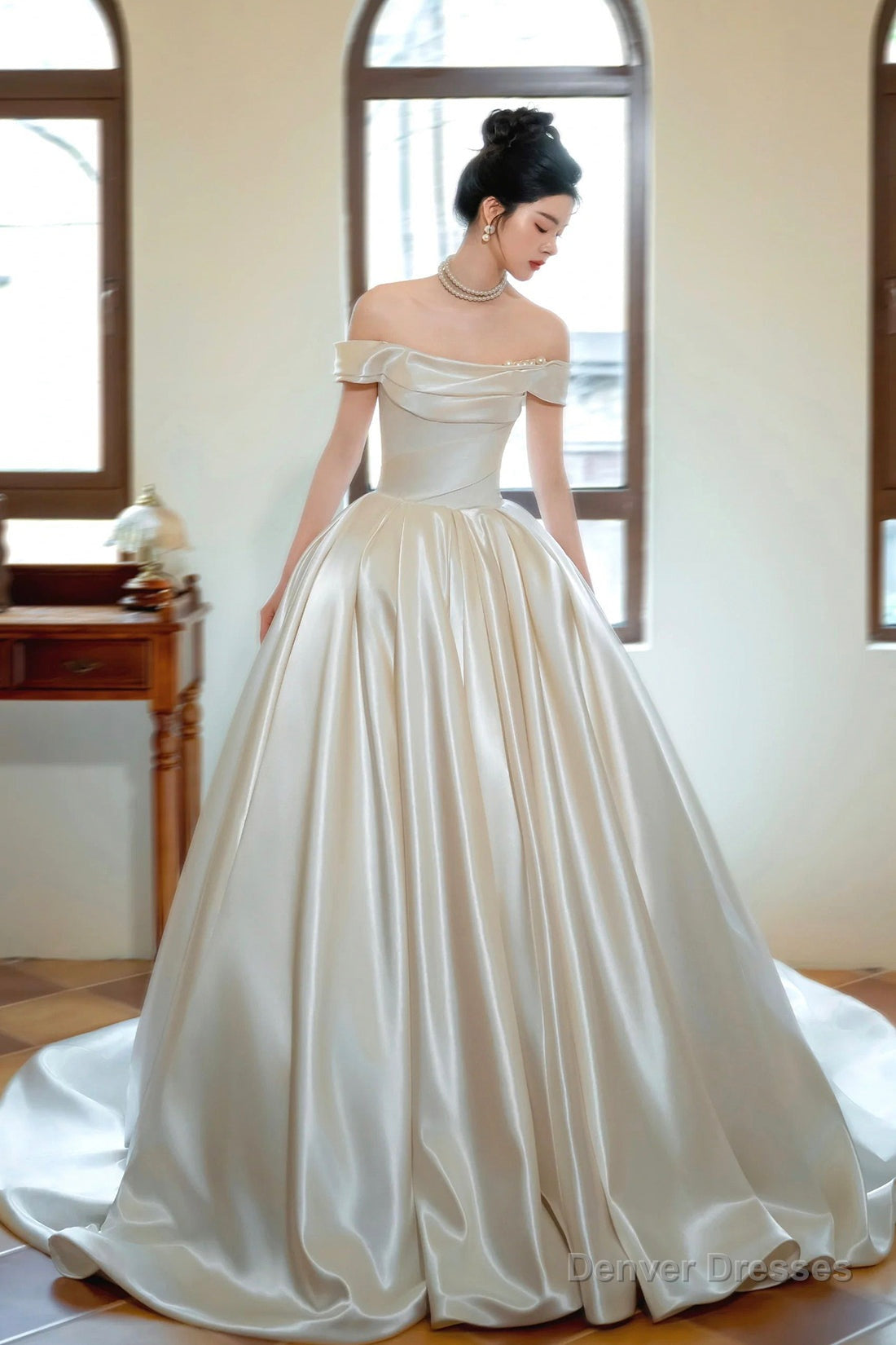 Champagne Satin Long Prom Dress, Off the Shoulder Formal Evening Dress Main image