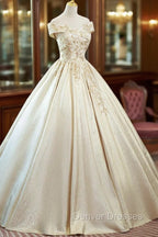 Champagne Satin Long Prom Dress with Beaded, V-Neck Evening Party Dress