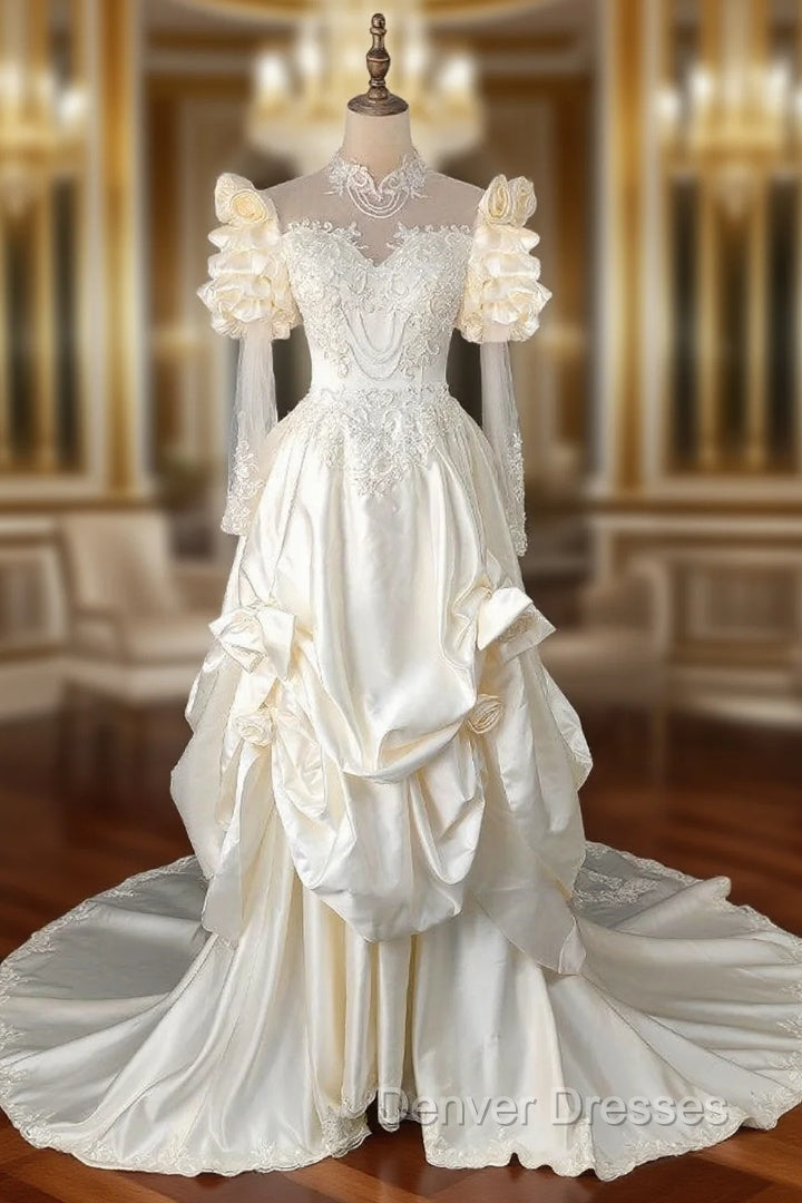 Champagne Satin Long Sleeve Appliques Wedding Dress Main image
