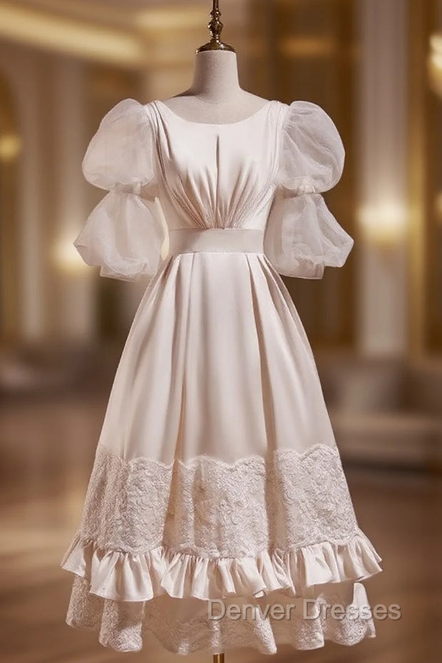 Champagne Satin Long Sleeve High Neck Wedding Dress Main image