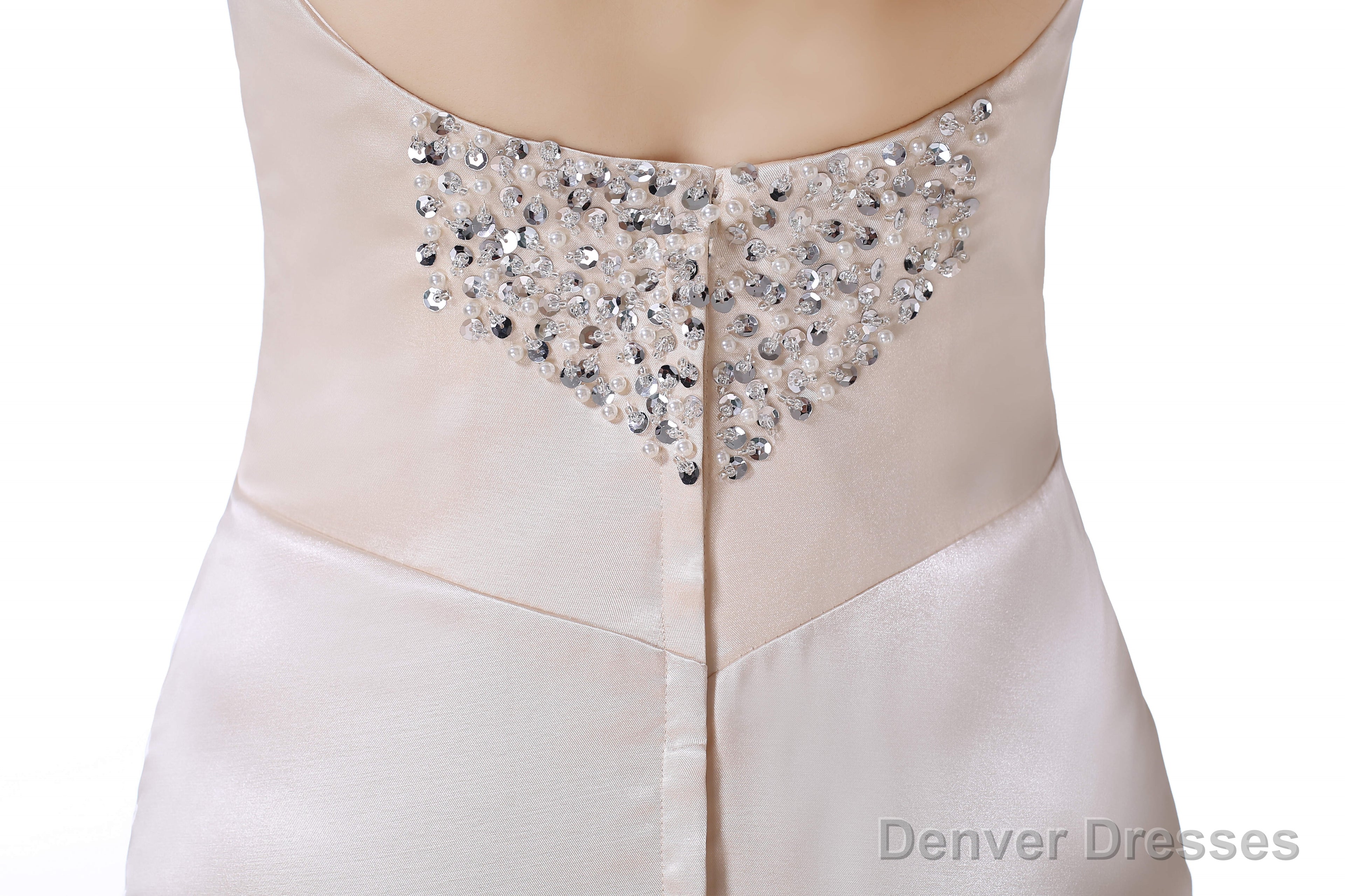 Champagne Satin Mermaid Spaghetti Straps Prom Dresses With Beading