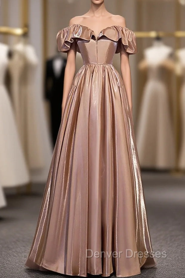 Champagne Satin Off the Shoulder Long Prom Dress