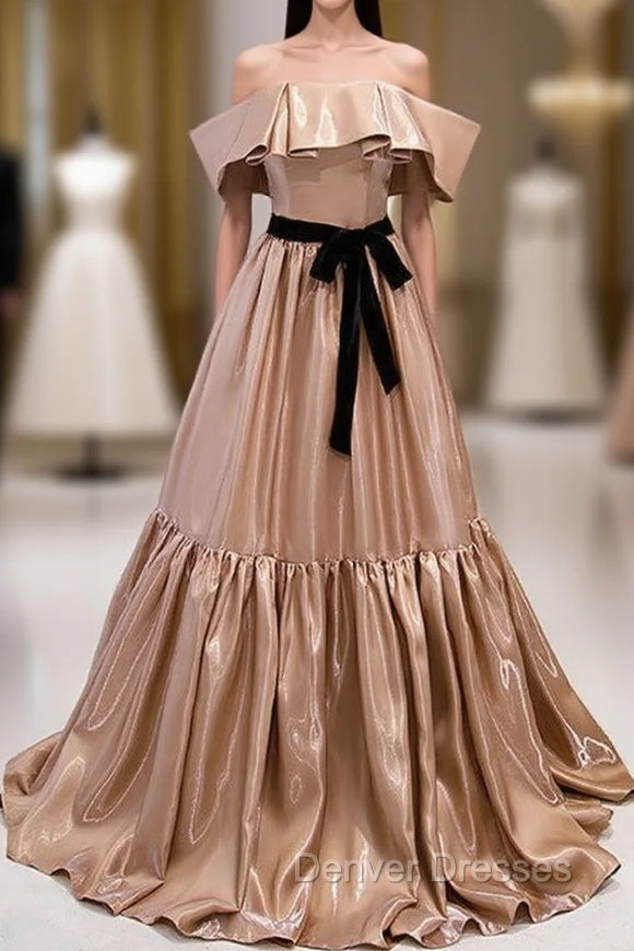 Champagne Satin Off the Shoulder Prom Dress With Bow