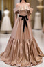 Champagne Satin Off the Shoulder Prom Dress With Bow