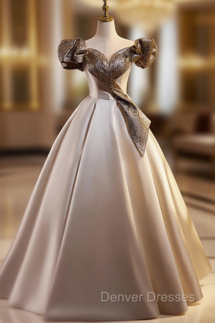 Champagne Satin Off the Shoulder Puff Sleeve Prom Dress Main image