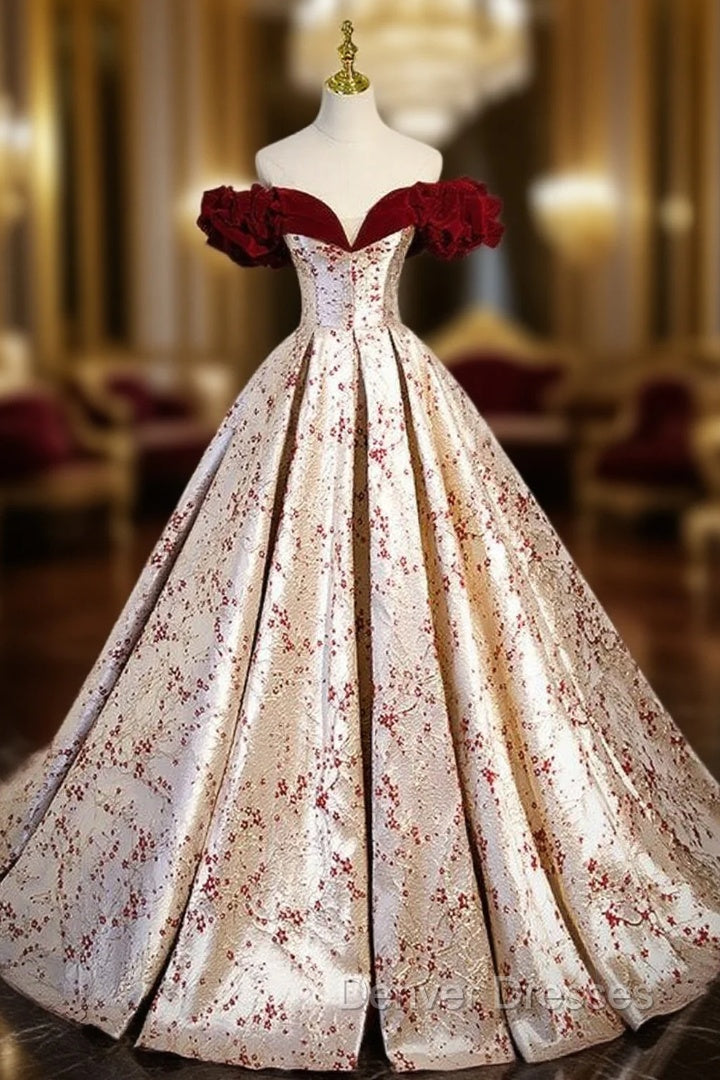Champagne Satin Print Burgundy Velvet Prom Dress Main image