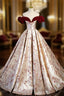 Champagne Satin Print Burgundy Velvet Prom Dress
