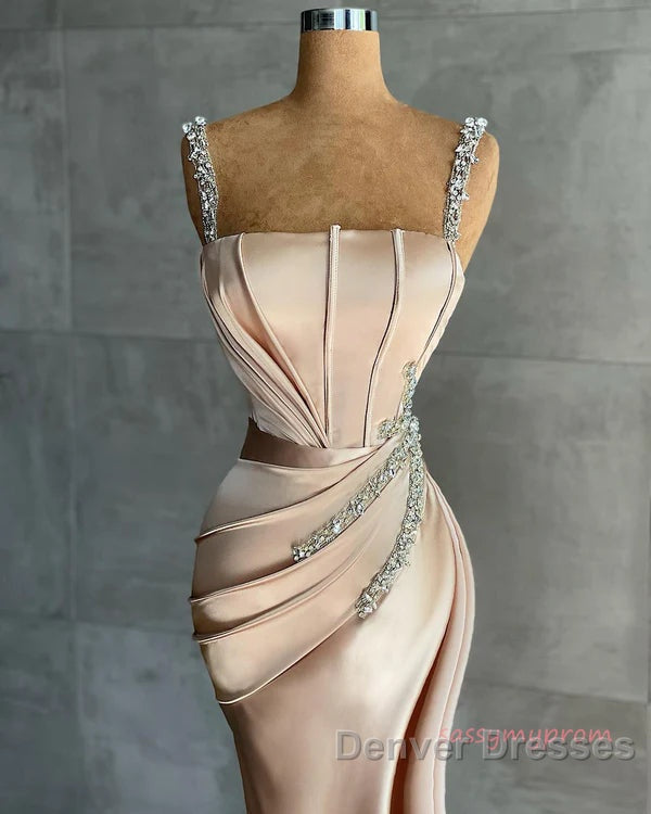 Champagne Satin Straps Beading Mermaid Prom Dress