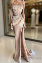 Champagne Satin Straps Beading Mermaid Prom Dress