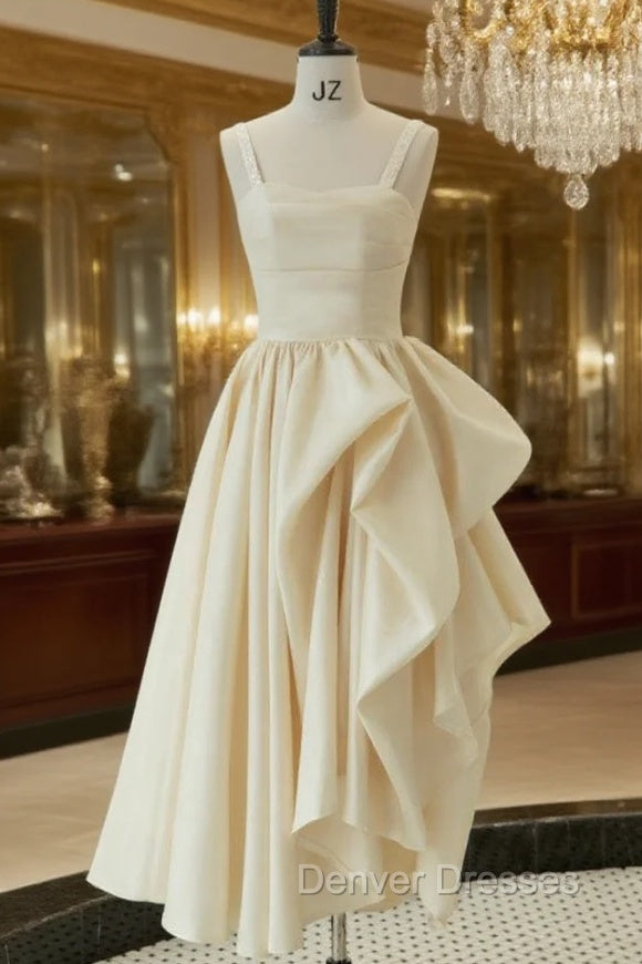 Champagne Satin Straps Tea Length Wedding Dress