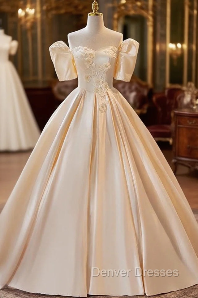 Champagne Satin Sweetheart Puff Sleeve Wedding Dress Main image