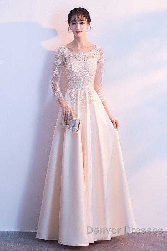Champagne Satin With Lace Long Sleeves Prom Dress Evening Dress, A-Line Simple Bridesmaid Dress