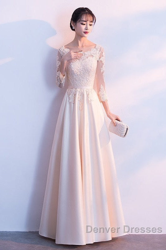 Champagne Satin With Lace Long Sleeves Prom Dress Evening Dress, A-Line Simple Bridesmaid Dress