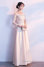Champagne Satin With Lace Long Sleeves Prom Dress Evening Dress, A-Line Simple Bridesmaid Dress