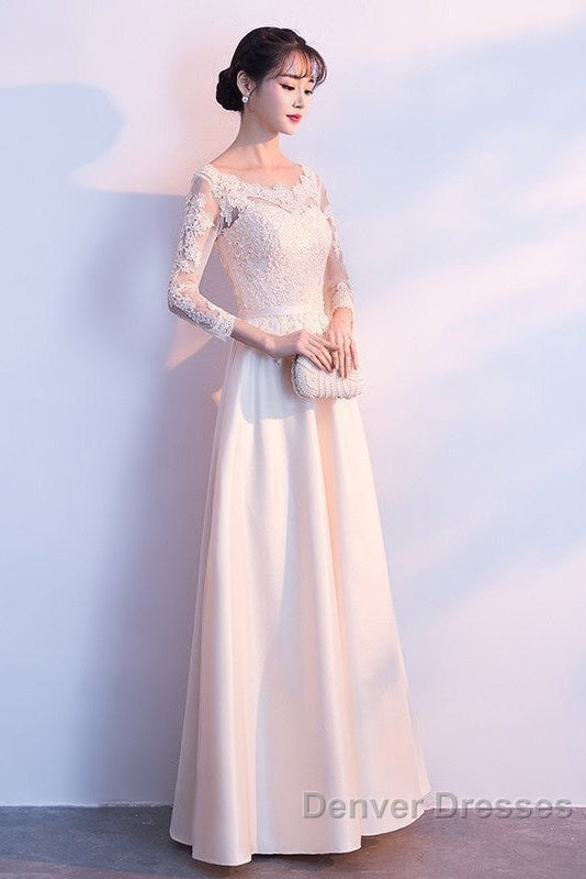 Champagne Satin With Lace Long Sleeves Prom Dress Evening Dress, A-Line Simple Bridesmaid Dress