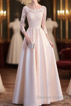 Champagne Satin With Lace Long Sleeves Prom Dress Evening Dress, A-Line Simple Bridesmaid Dress