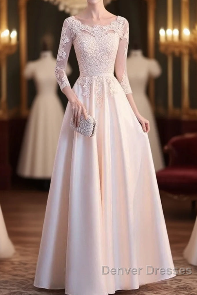 Champagne Satin With Lace Long Sleeves Prom Dress Evening Dress, A-Line Simple Bridesmaid Dress