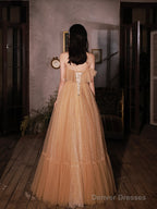 Champagne Scoop Tulle With Lace Applique Long Party Dress, A-Line Prom Dress
