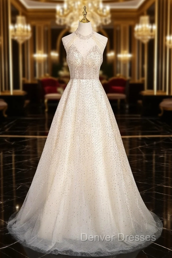 Champagne Sequins Backless Beading Prom Dress