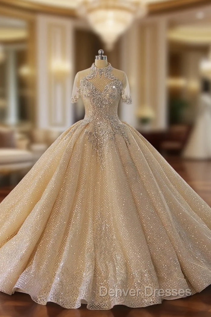 Champagne Sequins Beading Short Sleeve Wedding Dress