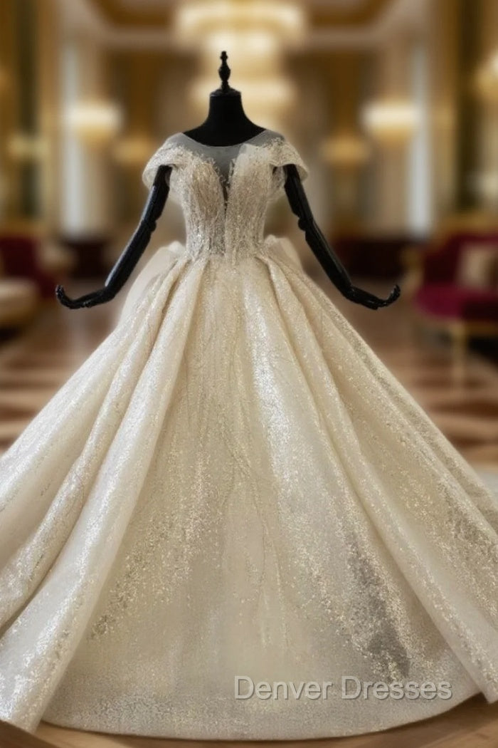 Champagne Sequins Cap Sleeve Backless Wedding Dress With Long Train