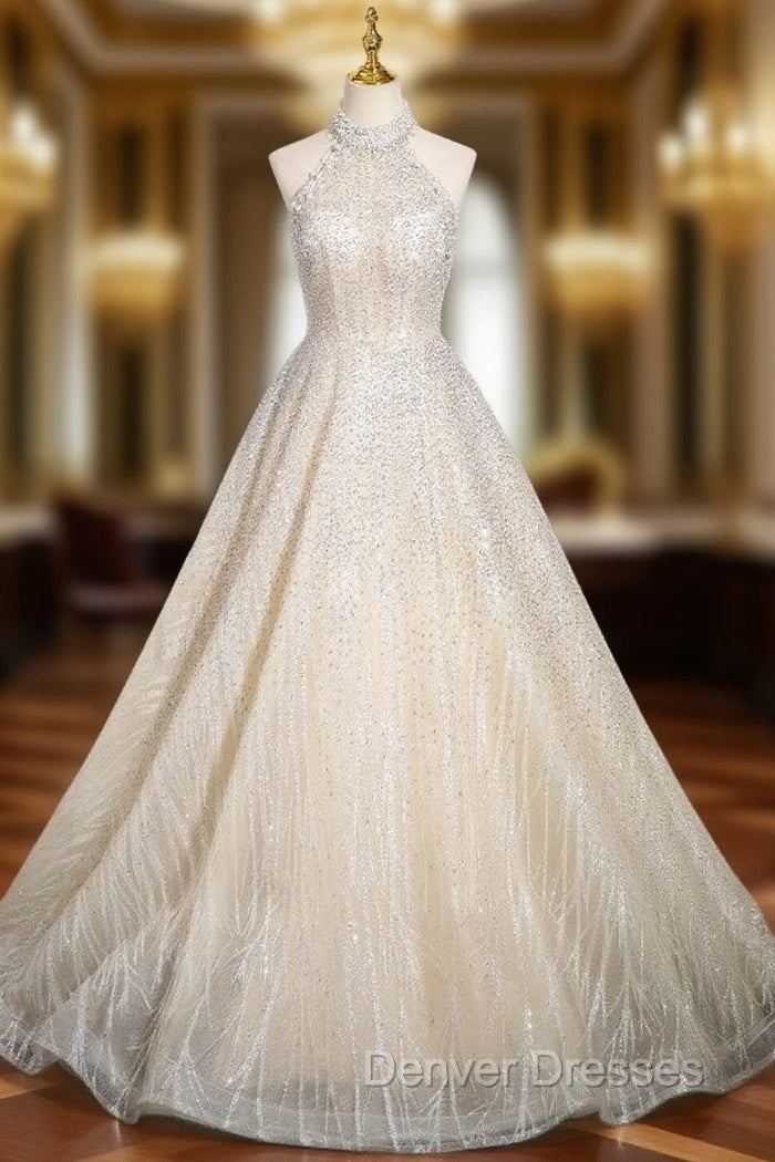 Champagne Sequins Halter Backless Beading Prom Dress