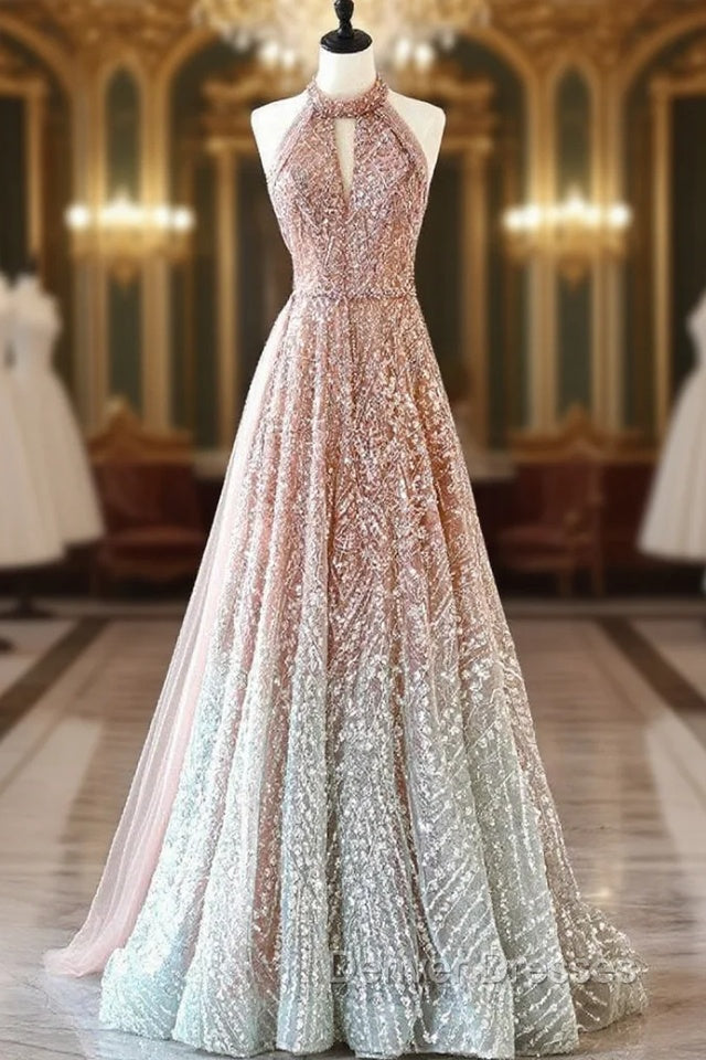 Champagne Sequins Halter Prom Dress