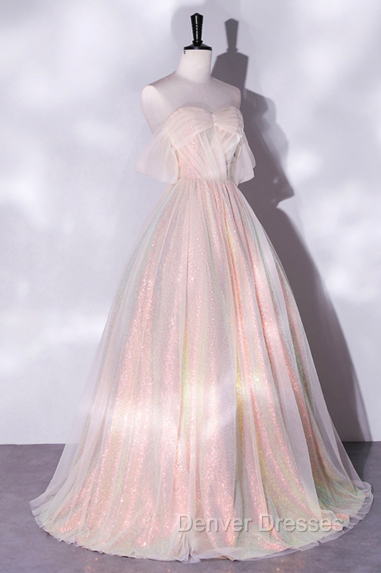 Champagne Sequins Long A-Line Prom Dress, Off the Shoulder Evening Party Dress Secondary image