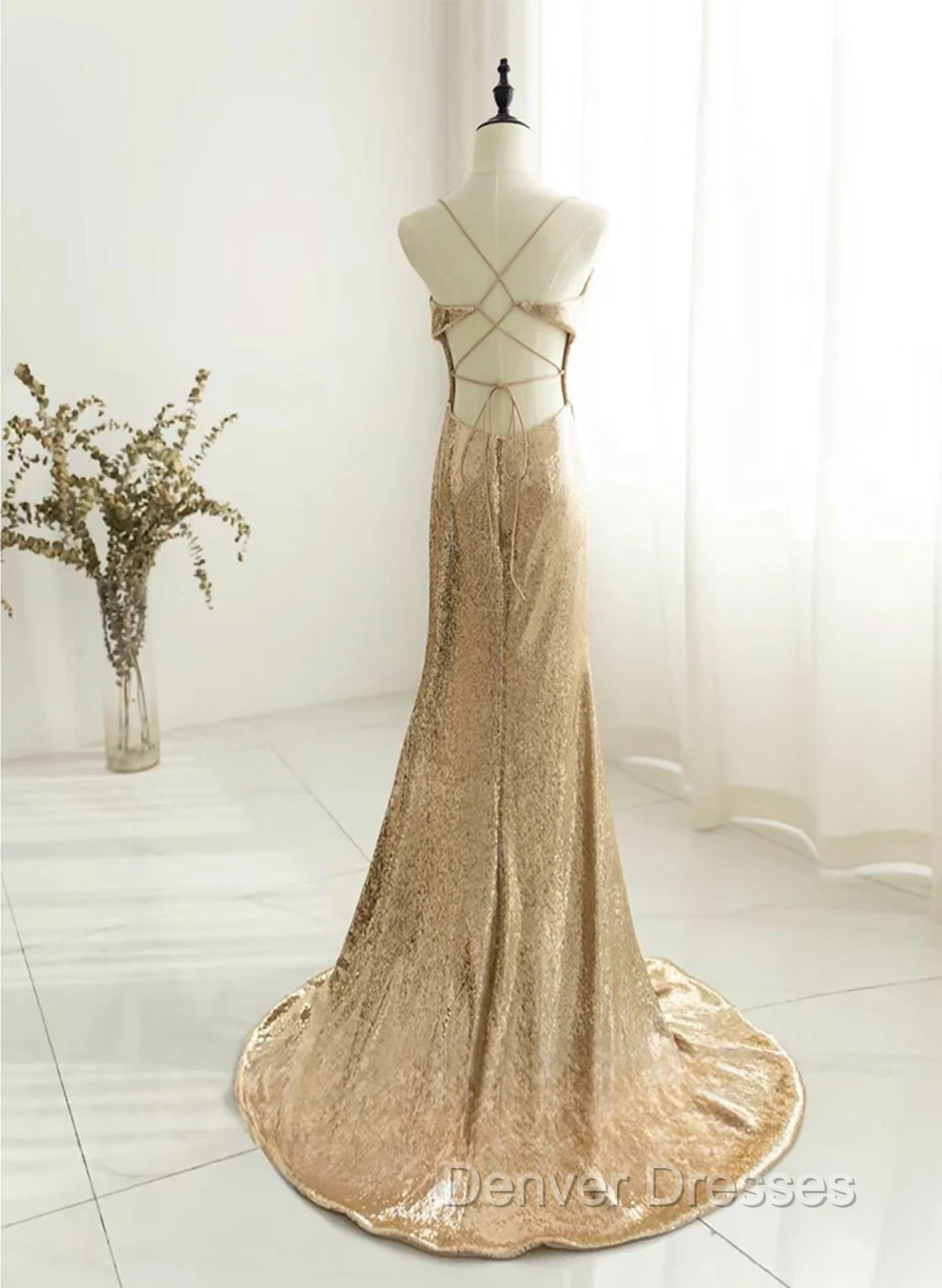 Champagne Sequins Long Prom Dress, Sequins Champagne Formal Dress Secondary image