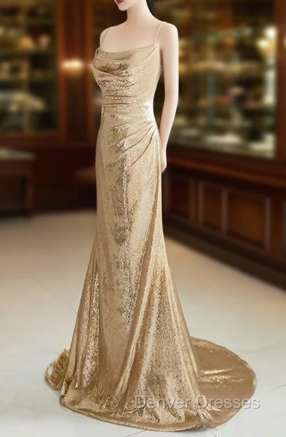 Champagne Sequins Long Prom Dress, Sequins Champagne Formal Dress Main image