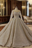 Champagne Sequins Long Sleeve Backless Wedding Dress