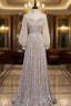 Champagne Sequins Long Sleeve Prom Dress