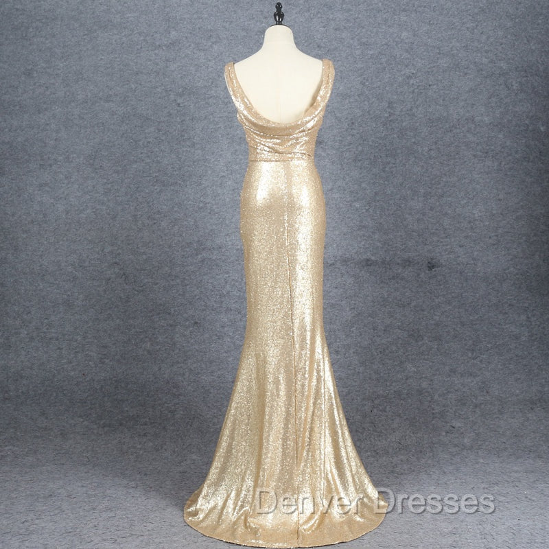 Champagne Sequins Low Back Long Bridesmaid Dress, Mermaid Prom Dress Party Dress Secondary image
