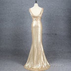 Champagne Sequins Low Back Long Bridesmaid Dress, Mermaid Prom Dress Party Dress