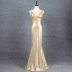 Champagne Sequins Low Back Long Bridesmaid Dress, Mermaid Prom Dress Party Dress