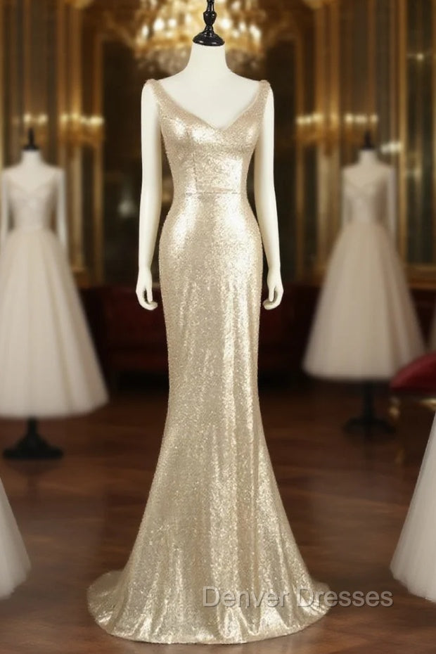 Champagne Sequins Low Back Long Bridesmaid Dress, Mermaid Prom Dress Party Dress