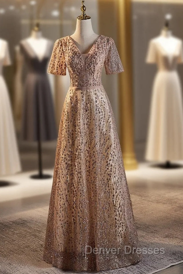 Champagne Sequins Short Sleeve Prom Dress