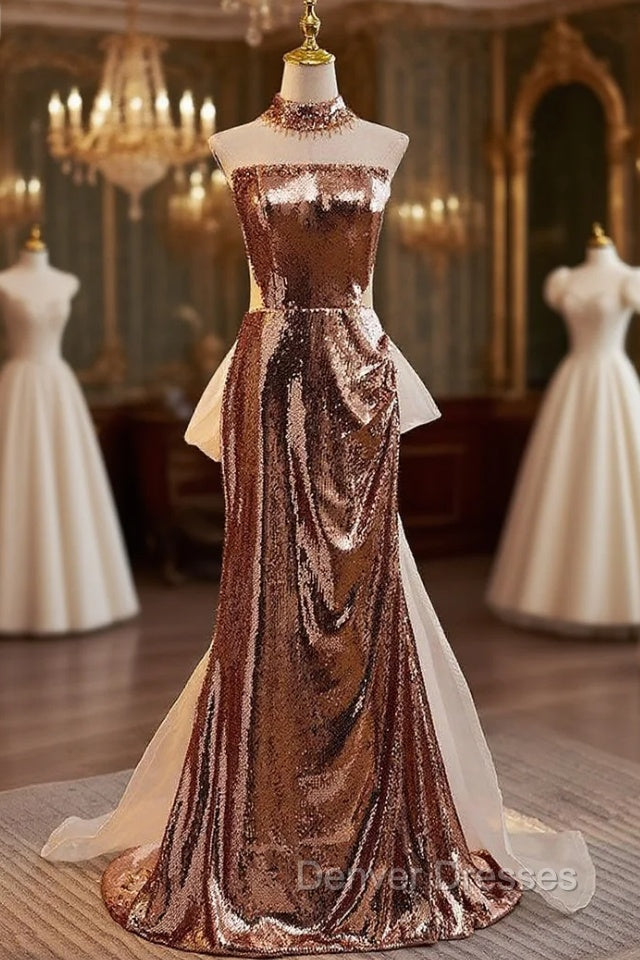 Champagne Sequins Strapless Prom Dress With Bow