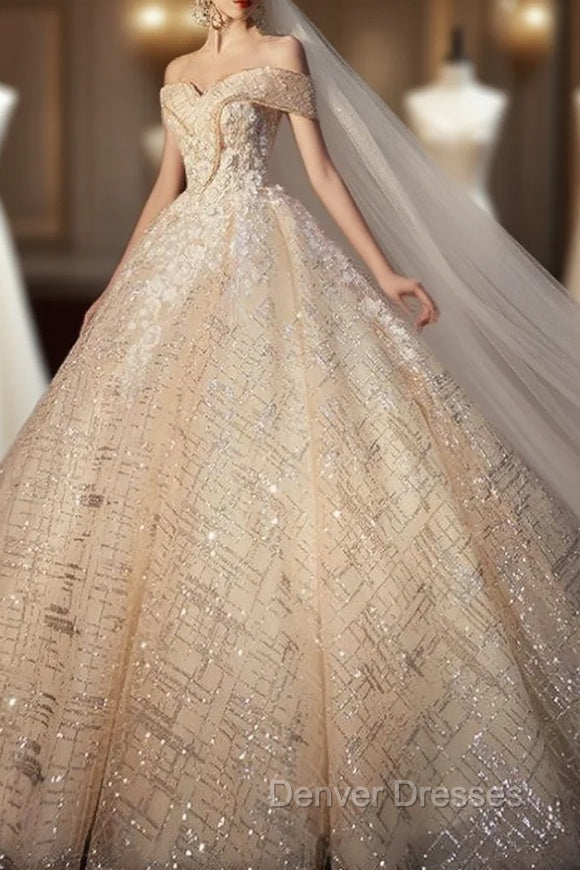Champagne Sequins Tulle Off the Shoulder Appliques Wedding Dress Main image