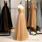 Champagne Sequins Tulle Straps Long Evening Dress Party Dress, Sweetheart Prom Dress