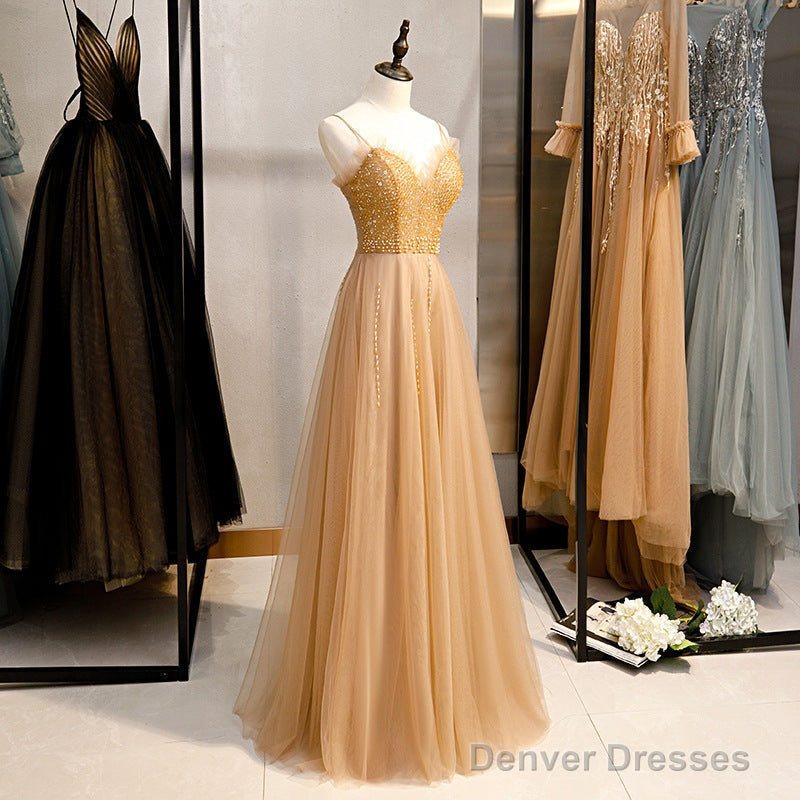 Champagne Sequins Tulle Straps Long Evening Dress Party Dress, Sweetheart Prom Dress