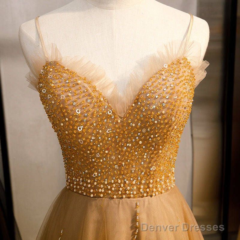 Champagne Sequins Tulle Straps Long Evening Dress Party Dress, Sweetheart Prom Dress