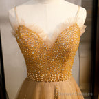 Champagne Sequins Tulle Straps Long Evening Dress Party Dress, Sweetheart Prom Dress